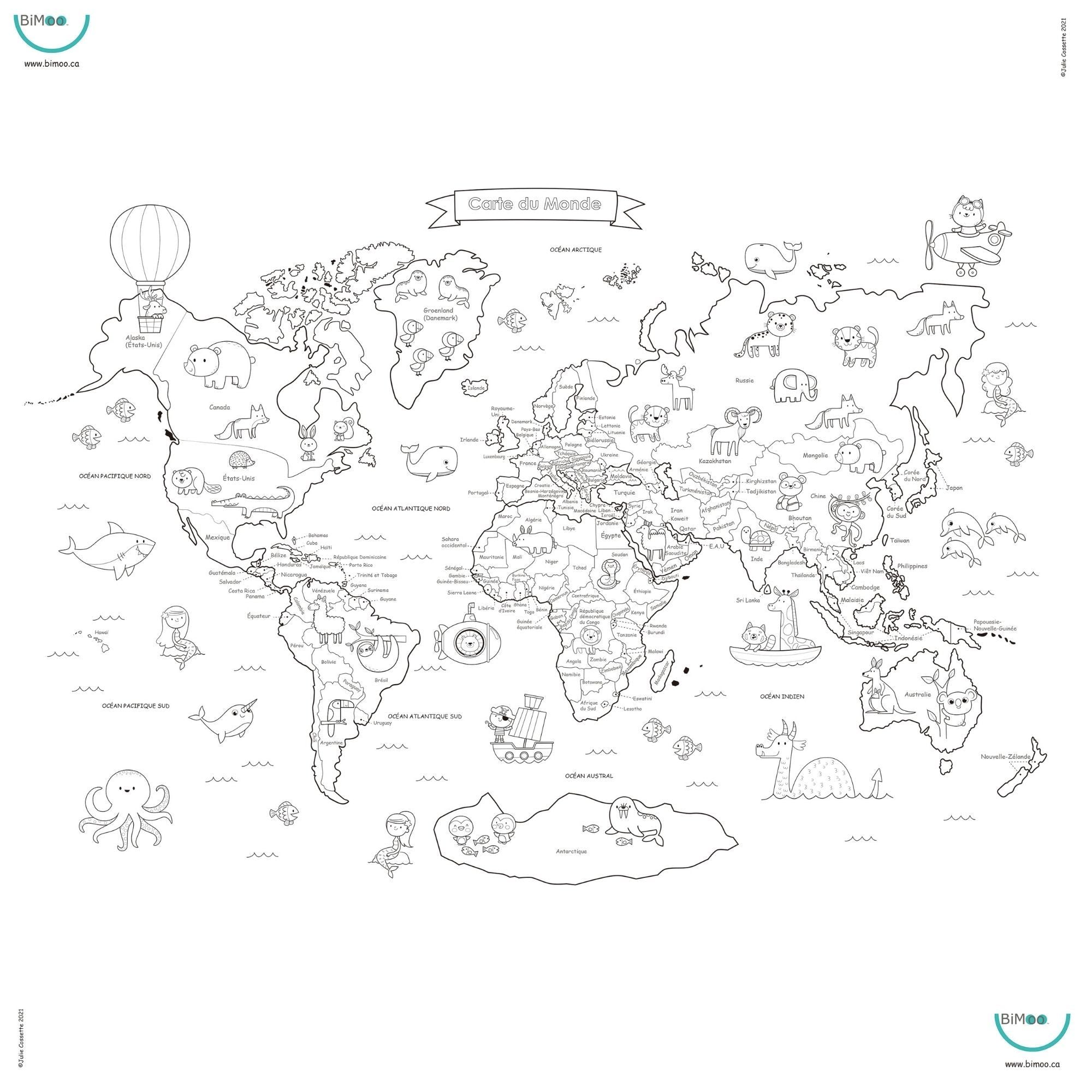 Nappe à colorier en français Bimoo - Carte du monde