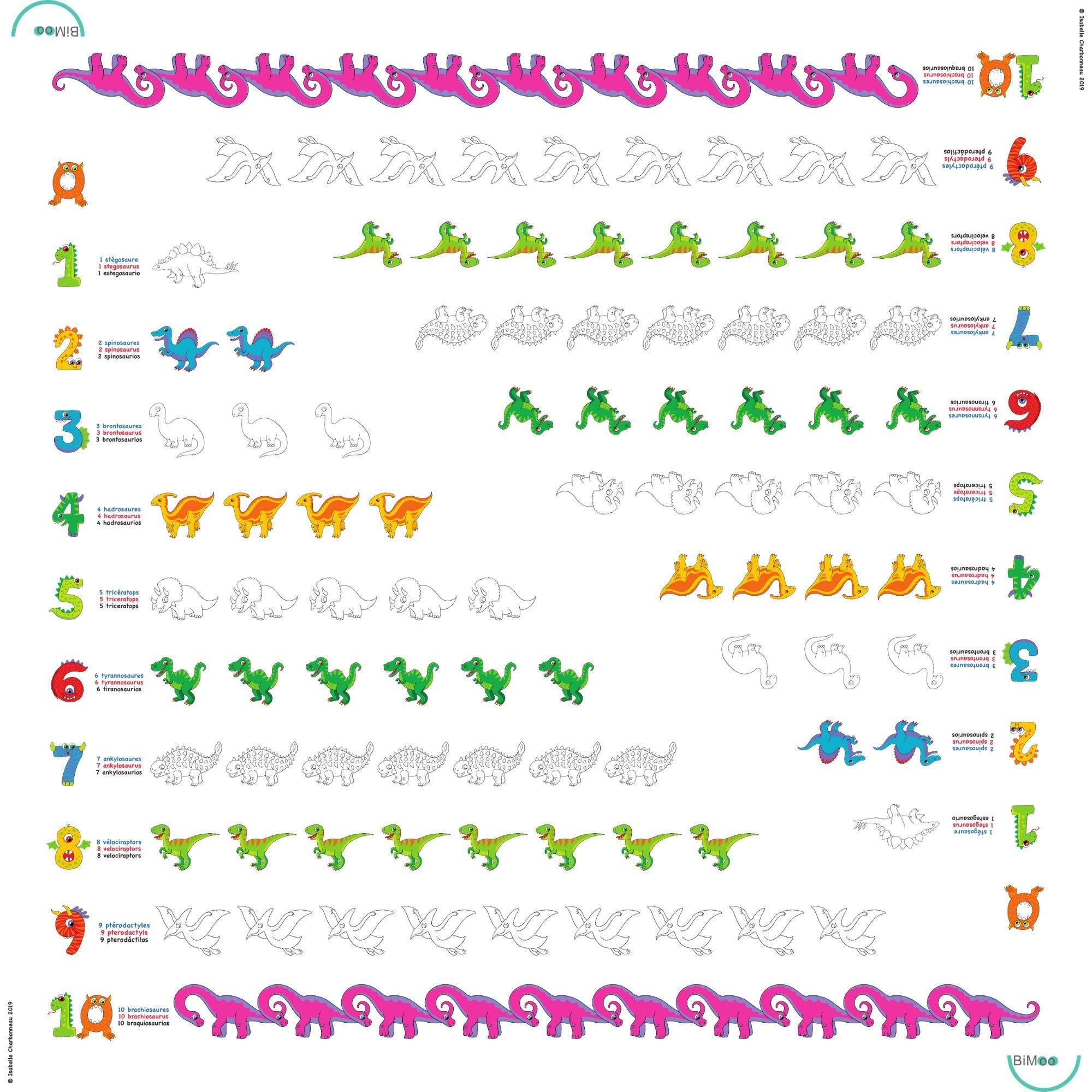 Nappe multilingue à colorier Bimoo - Nombres avec des dinosaures